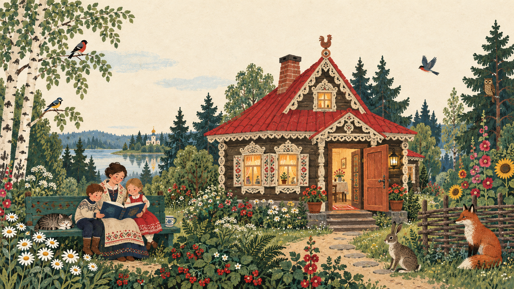 A welcoming storybook wooden house, a family reading together, and woodland animals among flowers.